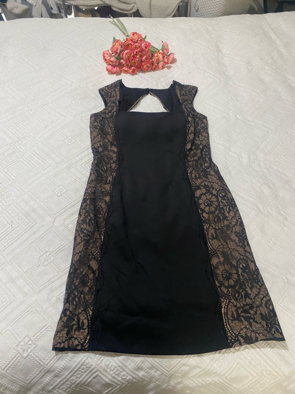 Sleeveless Black Midi Dress with Lace Side Panels
